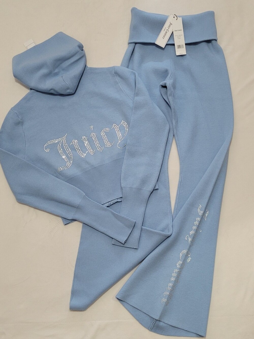Juicy Couture Frosted Big Bling Knit Hoodie & Foldover Flare Pants - S